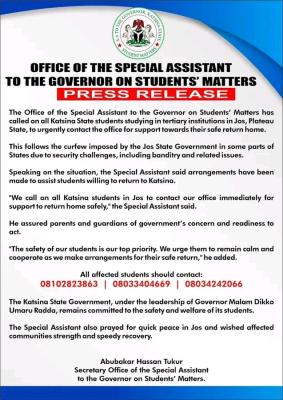 Katsina State Gov. urgent notice to students in tertiary institutions in Jos, Plateau State
