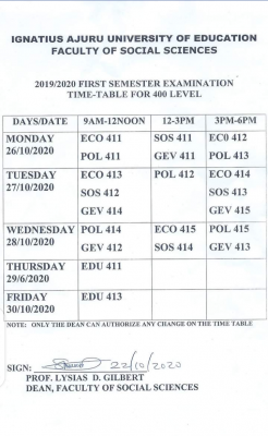 IAUE 1st semester exam timetable for 400 Level students of Faculty of Social sciences