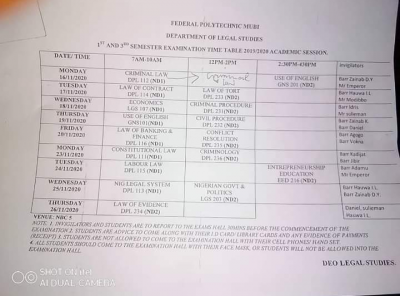 Federal Polytechnic Mubi 1st and 3rd semester examination timetable, 2019/2020