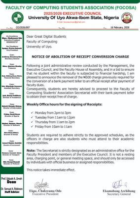 UNIUYO Faculty of Computing notice to students
