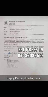Fed Poly Ede notice to staff and students on resumption