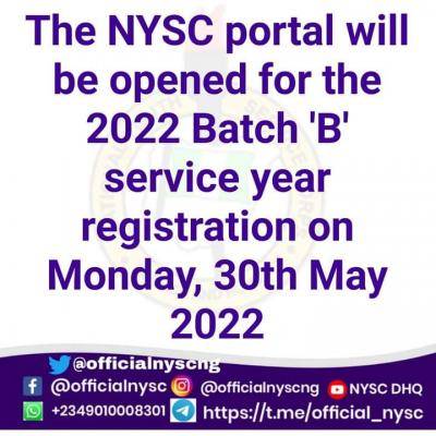 NYSC 2022 Batch B registration begins May 30th