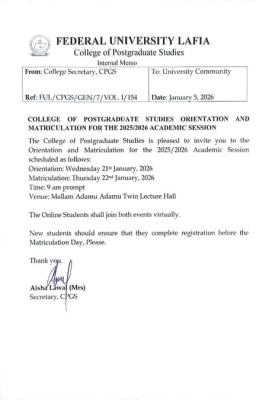 FULAFIA Postgraduate Orientation and Matriculation for 2025/2026 Session