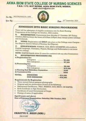 Akwa Ibom State College of Nursing Sciences admission into Basic Nursing - October 2023 intakes
