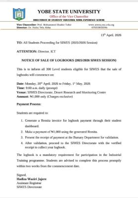 YSU notice to SIWES students on sales of Logbooks (2025/2026 Session)