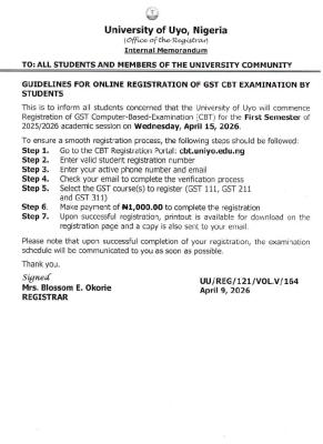 UNIUYO announces guidelines for GST CBT Registration