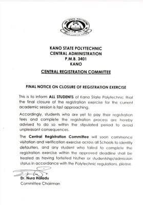 Kano State Poly notice on final Closure of Registration Exercise, 2025/2026