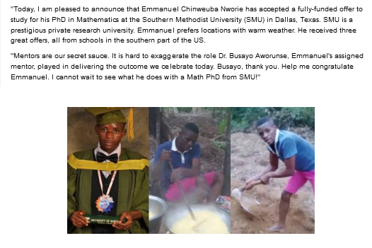 UNN first-class maths graduate who resorted to farming awarded a Ph.D scholarship in the US