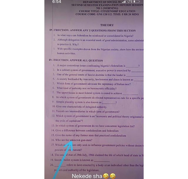 ''Who are the unknown gunmen'' - Nekedepoly exam question leaves students in shock