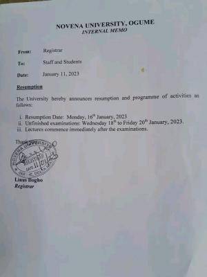 Novena University announces resumption of academic activities
