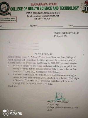 Nasarawa State College of Health Science and Technology admission, 2022/2023