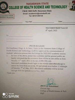 Nasarawa State College of Health Science and Technology 2022/2023 admission