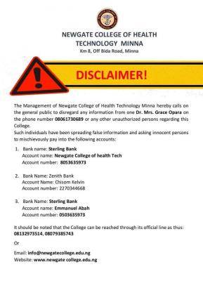 Newgate College of Health disclaimer notice