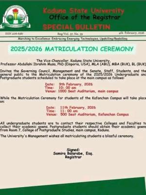 KASU announces matriculation ceremony, 2025/2026