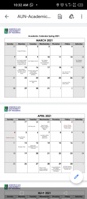 AUN academic calendar for 2020/2021 spring Semester