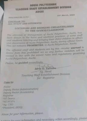 Auchi Polytechnic bans presence of Children in Offices and Classrooms