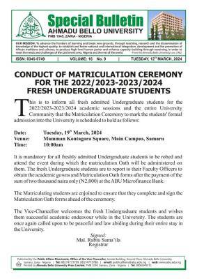 ABU matriculation ceremony for fresh undergraduate Students of 2022/2023 and 2023-2024.
