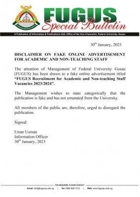 FUGUS disclaimer on Fake online advertisement for academic and non teaching staff