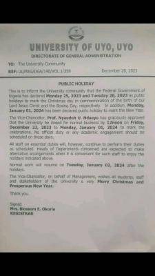 UNIUYO notice of public holidays