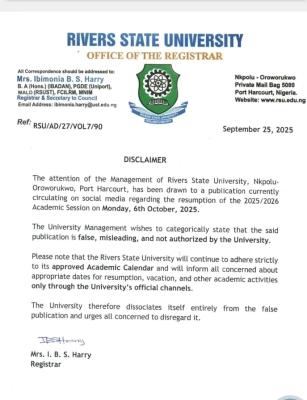 RSU disclaimer notice on resumption of 2025/2026 academic session