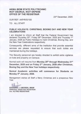 Akwa Ibom State Poly announces Christmas and Ne year holidays
