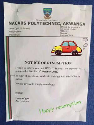 NACABS Polytechnic Akwanga notice on resumption to HND II students