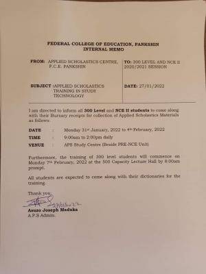 FCE Pankshin notice to 300L and NCE II Students