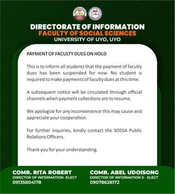 UNIUYO Faculty of Social Sciences notice on suspension of faculty dues