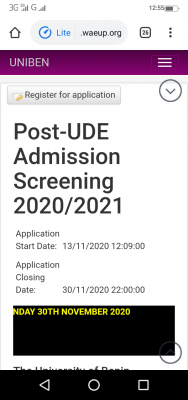 UNIBEN Direct Entry Admission Screening Registration for 2020/2021 session
