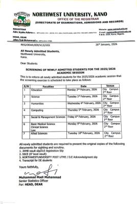 Northwest University Kano sets dates for new students' document verification