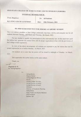 OYSCATECH update on Mid-Semester test for 2020/2021 session
