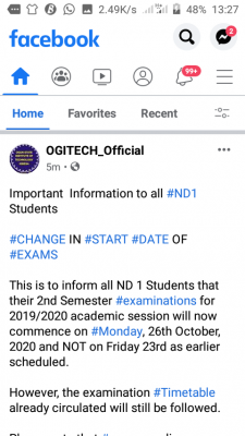 OGITECH notice to ND1 students on change in exam date
