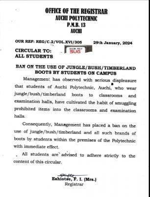 Auchi Poly ban on use of jungle/bush/timberland boots by students on campus