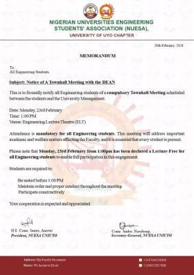UNIUYO faculty of Engineering notice to students on a compulsory townhall meeting with Dean
