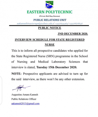 Eastern Polytechnic releases interview schedule for SRN programme