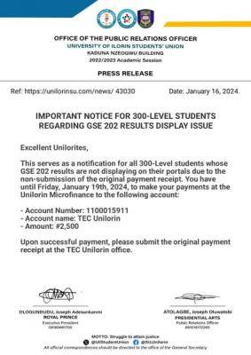 UNILORIN SUG  notice to 300L students regarding GSE 202 results display issue