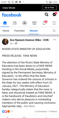 Rivers State Ministry of Education disclaimer notice on closure of Schools
