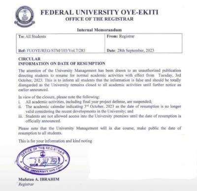 FUOYE important notice on date of resumption