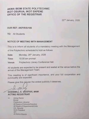 Akwa Ibom Polytechnic management schedules mandatory meeting with students