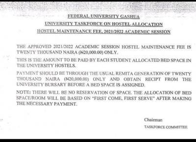 FUGASHUA notice to students on payment of hostel maintenance fee
