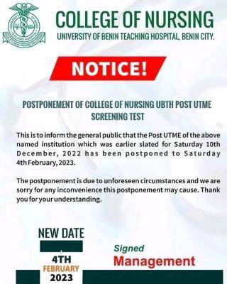 University of Benin Teaching Hospital (UBTH) College of Nursing postpones Post UTME screening test