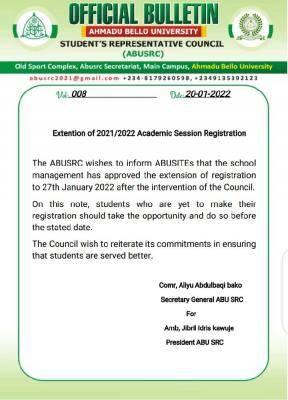 ABU SRC notice on extension of registration deadline, 2021/2022