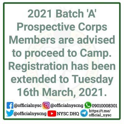 NYSC extends camp registration deadline for 2021 Batch 'A' Prospective Corps Members