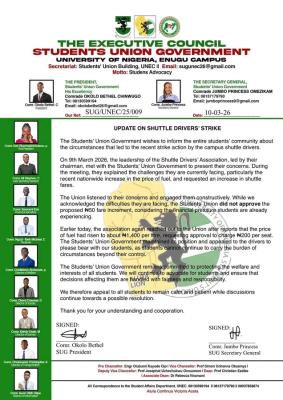 UNN SUG gives update on shuttle drivers' strike