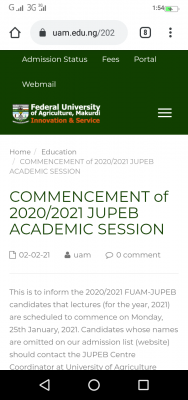FUAM notice to JUPEB students on commencement of lectures for 2020/2021 session