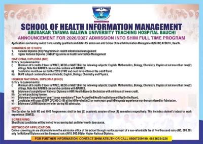 ATBUTH School of Health Information Mgt. ND/HND Admission form, 2026/2027
