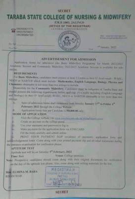 Taraba State College of Nursing and Midwifery admission, 2022/2023
