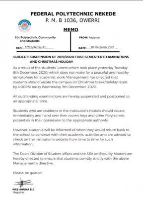 Fed Poly Nekede issues notice on the suspension of 2019/2020 first semester examinations