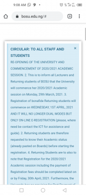 BOSU notice on commencement of 2020/2021 academic session