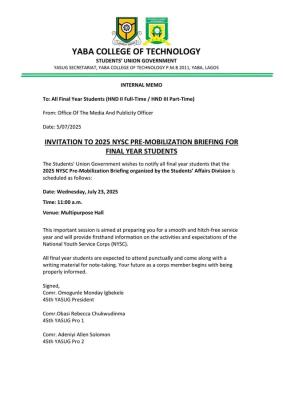 YABATECH SUG notice to final year students on NYSC pre-mobilization briefing